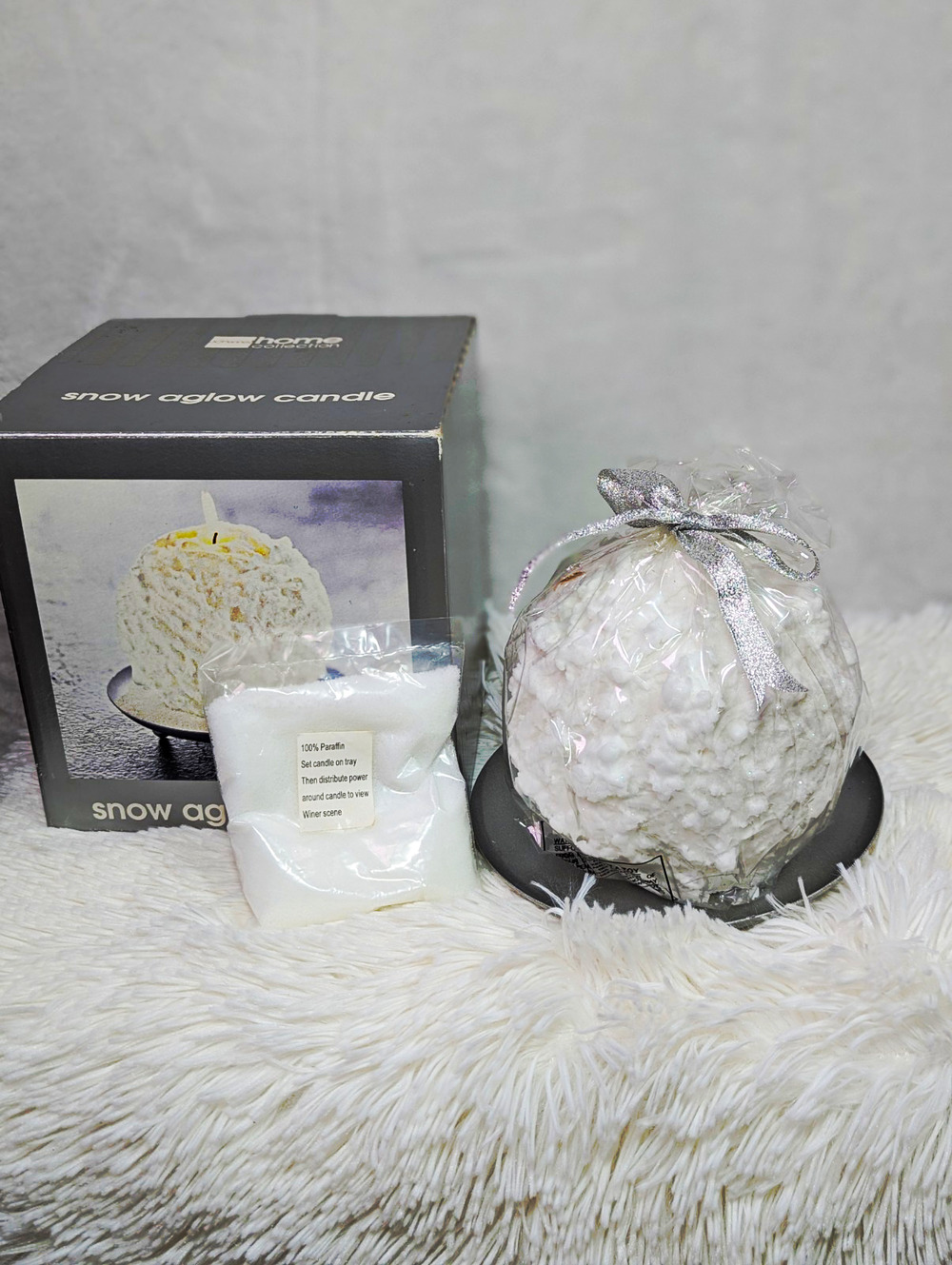 VTG 2002 JCPenney Home Collection Snow Aglow Ball Candle Set NIB Faux Snow Plate